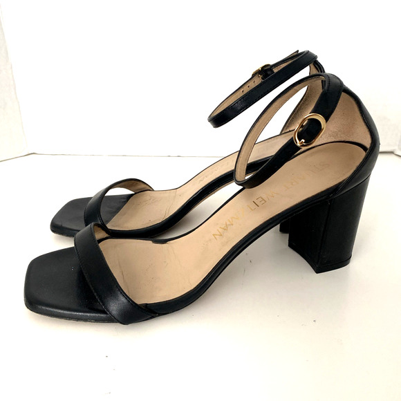 Stuart Weitzman Nearly Nude Sandal Block Heel Black Nappa Open Toe Ankle Strap 9 - Picture 6 of 10
